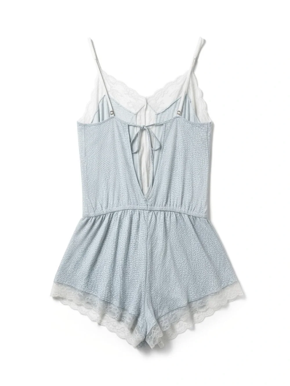Eberjey Light Blue and White Lace Trim Romper Pajama